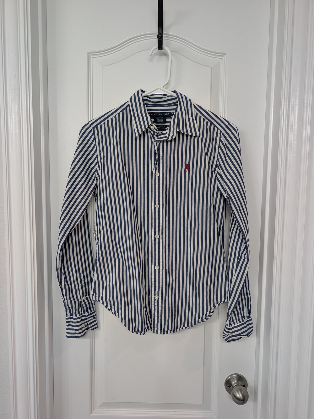 Ralph Lauren Navy & White Striped Cotton Button-Down Shirt with Red Pony
